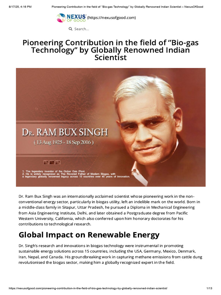 Pioneering Contribution in the Field of ‘’Bio-gas Technology’’ by ...