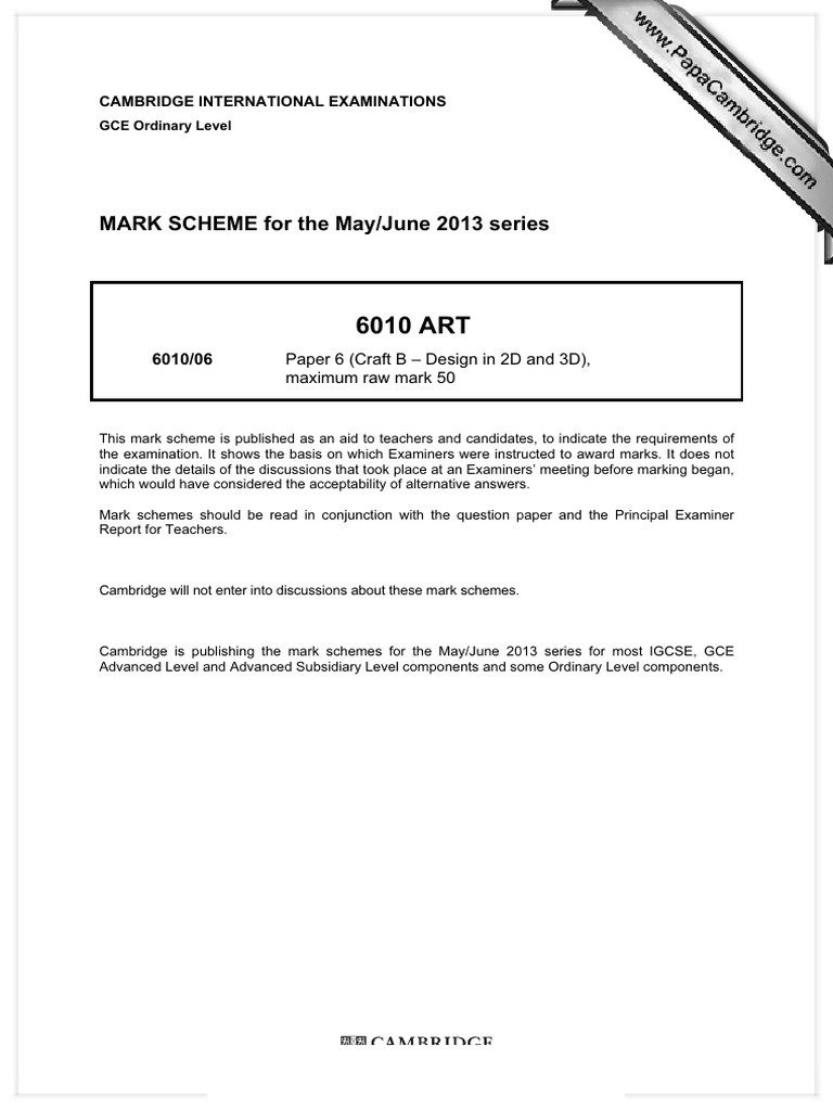 GCE O Level Art Mark Scheme 2013 | PDF | Cognition | Cognitive Science