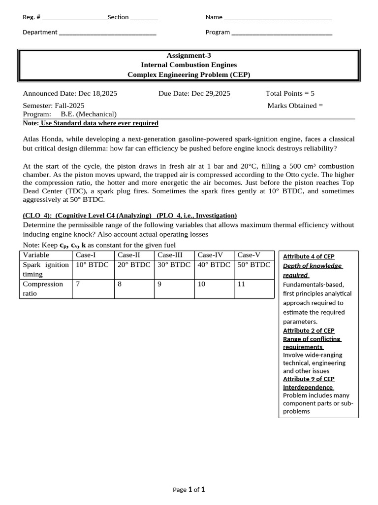 IC Engines Assignment 3 CEP (Question) | PDF | Engines | Vehicle Technology