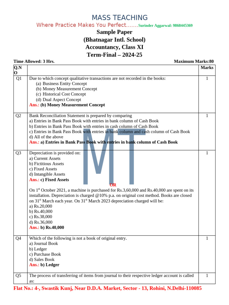 Class XI Accountancy Sample Paper 2024-25 | PDF | Debits And Credits ...