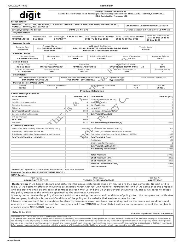 Go Digit Insurance Proposal Details | PDF | Insurance | Private Law