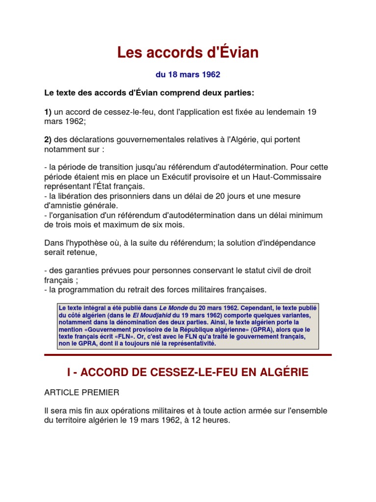 Accords d'Evian Texte Integral
