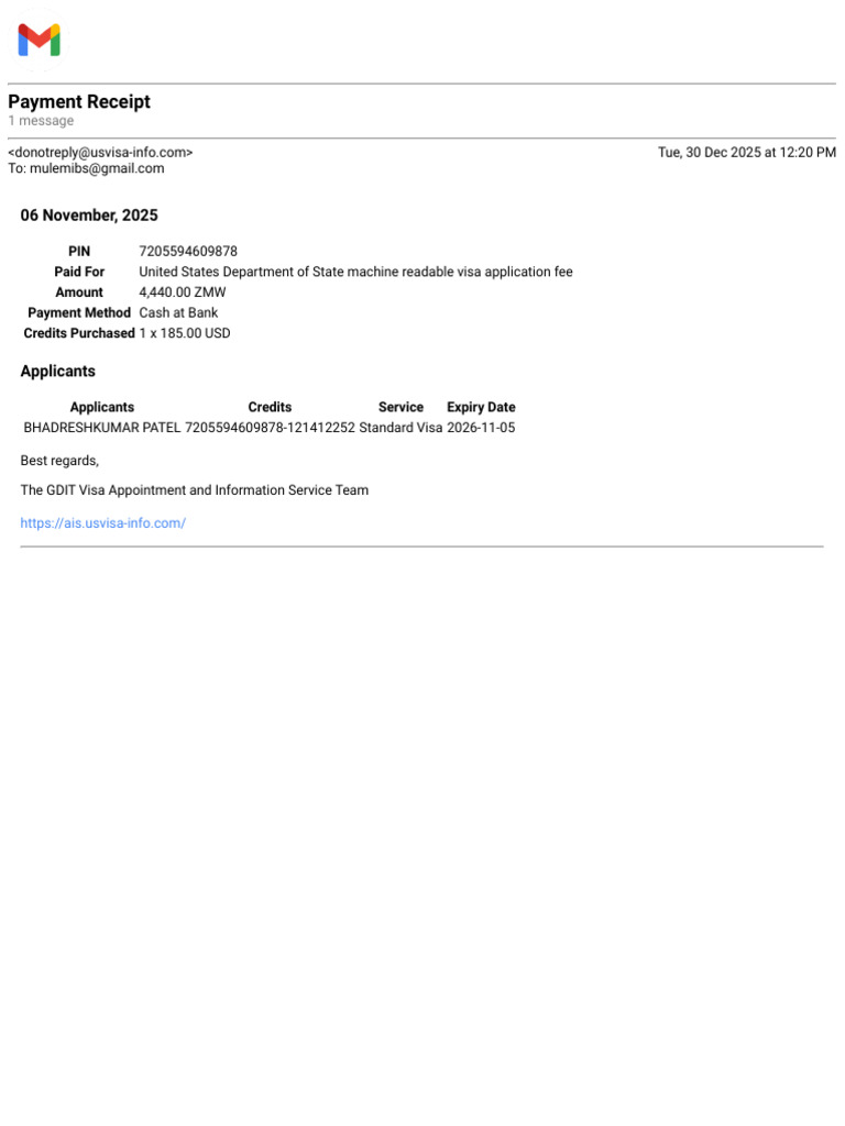 US Visa Application Payment Receipt | PDF