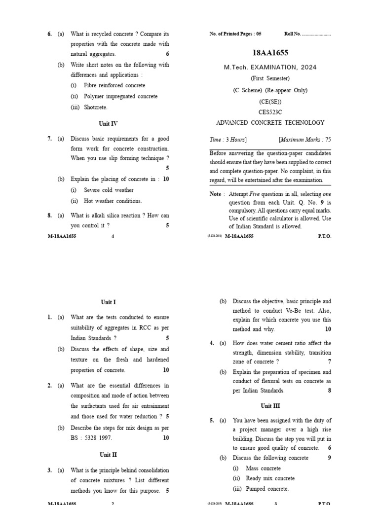 Advanced Concrete Technology Exam Guide | PDF | Concrete | Secondary ...