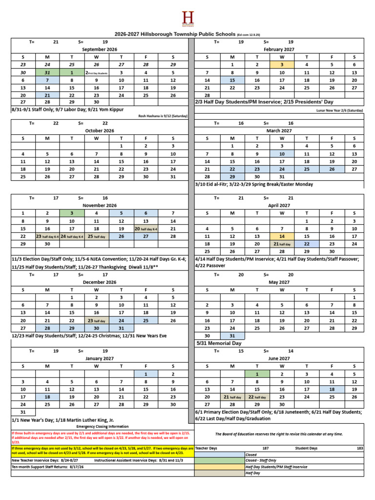 2026-2027 Hillsborough School Calendar | PDF | Jewish Law And Rituals | Jewish Observances