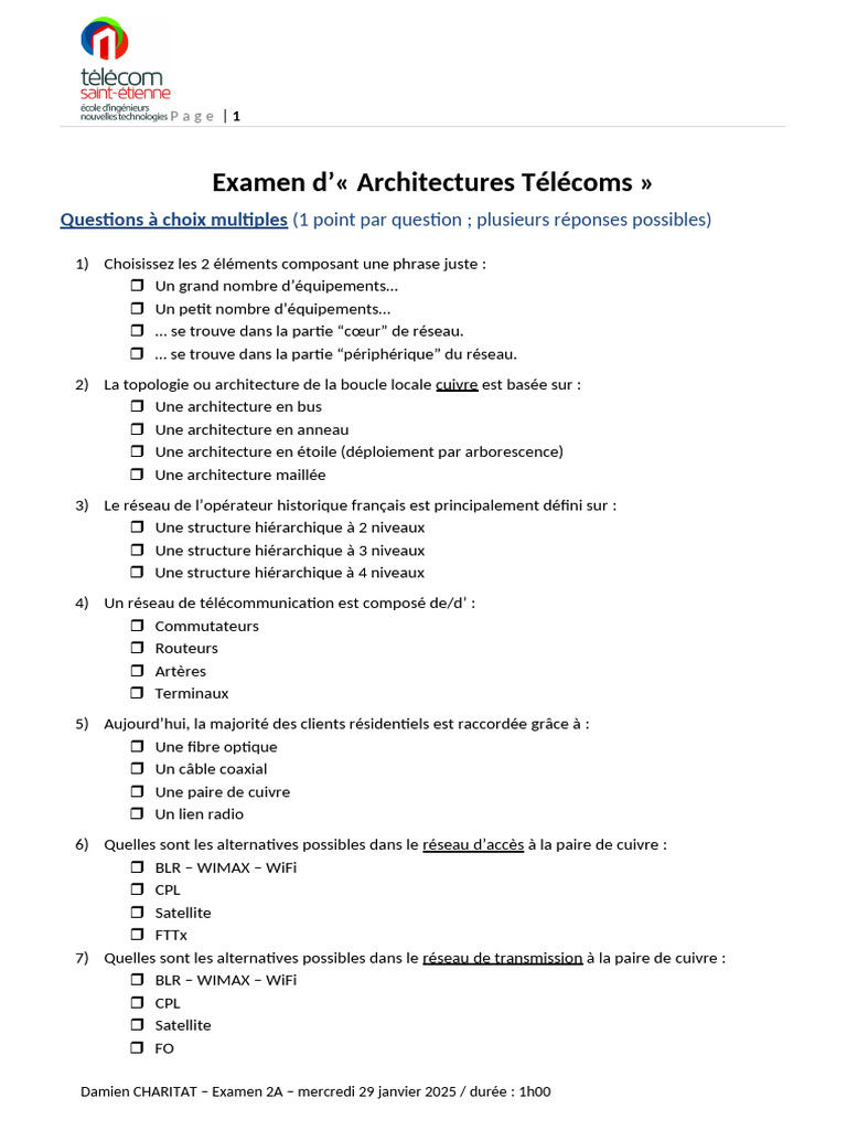 Examen sur les Architectures Télécoms | PDF | Télécommunications ...