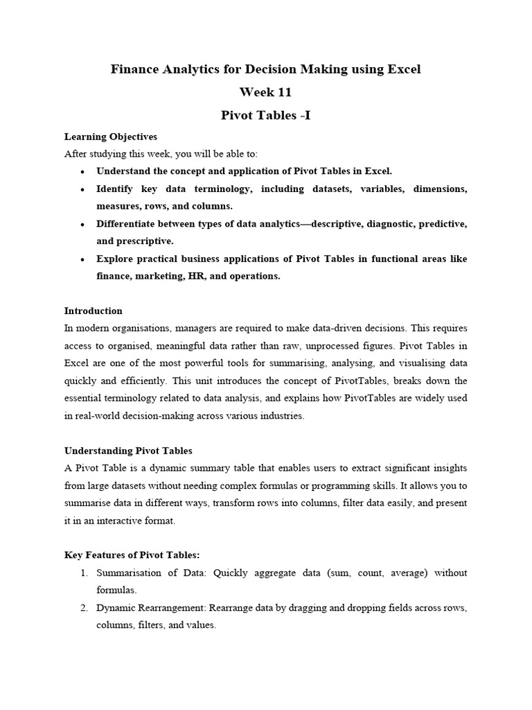 Excel Pivot Tables for Data Analysis | PDF | Analytics | Information ...
