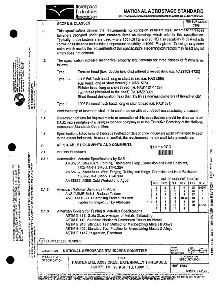 Aerospace Fasteners Specification NAS 4003 | PDF | Screw | Mechanical ...