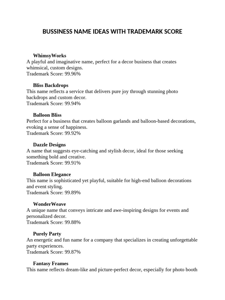 Creative Business Names with Trademark Scores | PDF