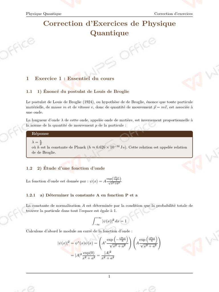 Correction Exercices de Physique Quantique | PDF | Fonction d'onde ...