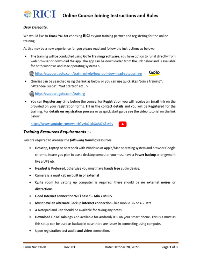 CJI 01- Course Joining Instructions for Online Trainings - Rev 03 | PDF ...