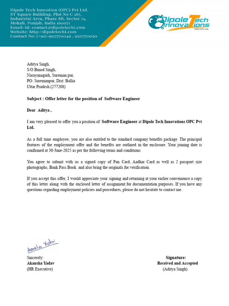 Software Engineer Offer Letter Template | PDF