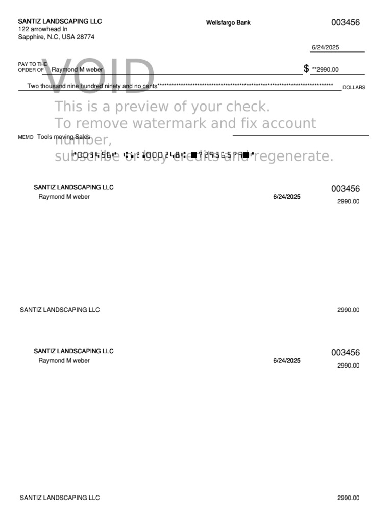 Santiz Landscaping LLC Check Preview | PDF