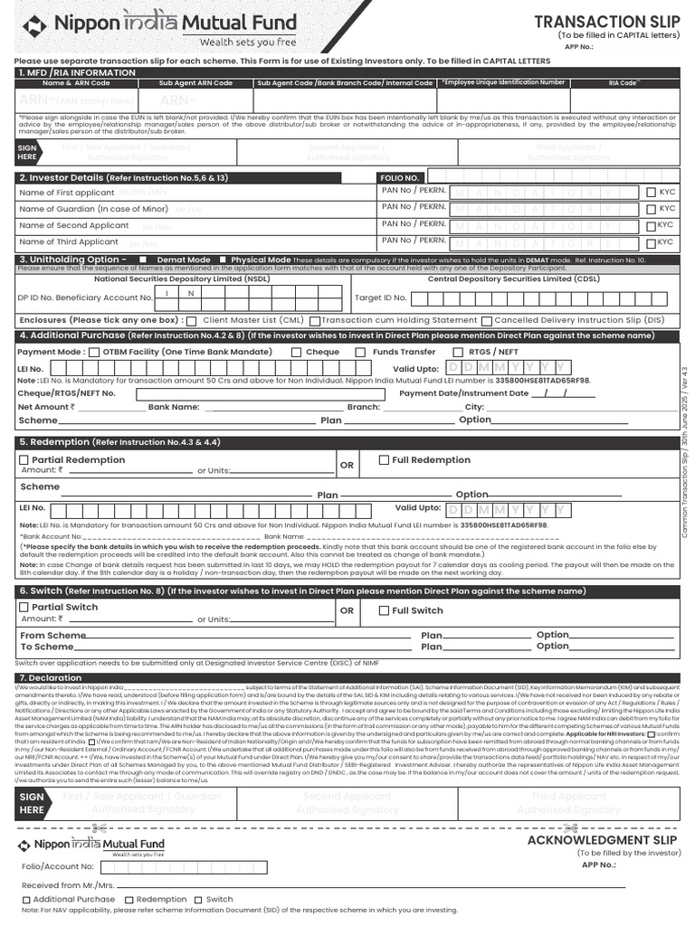 Nippon India Mutual Fund Transaction Slip | PDF | Cheque | Banks