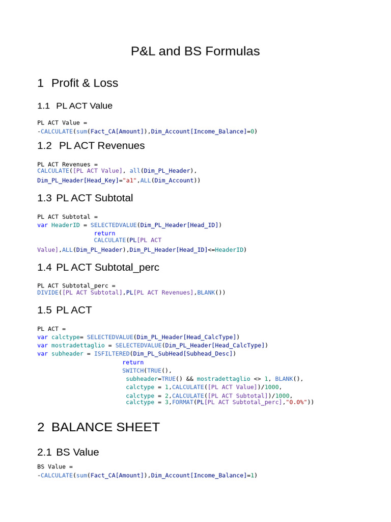 PL and BS Formulas | PDF
