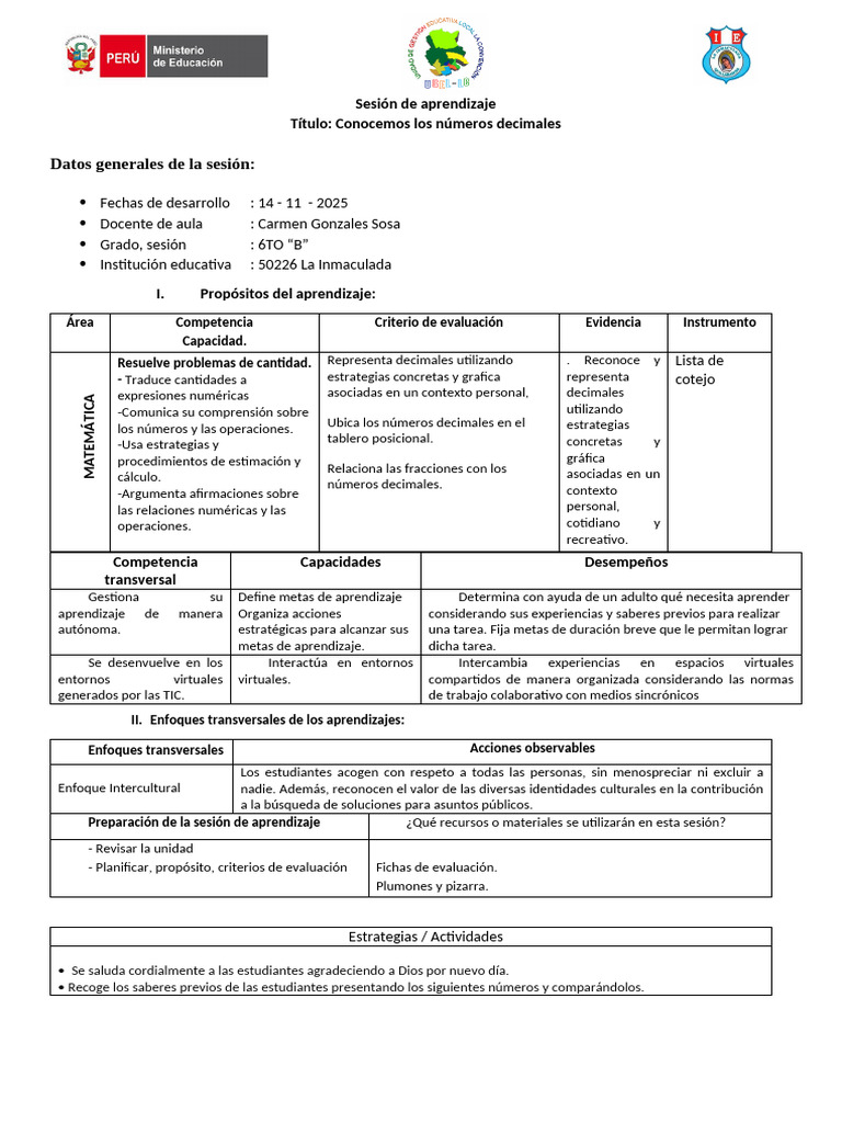 Aprendizaje de Números Decimales en 6TO B | PDF | Aprendizaje | Decimal