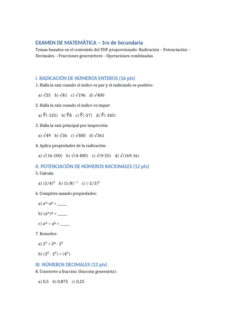 Examen de Matemáticas 1ro Secundaria | PDF