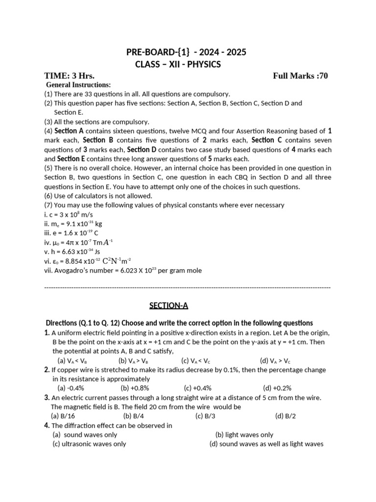 Class XII Physics Pre-Board Exam 2024-25 | PDF | Inductor | Applied And ...