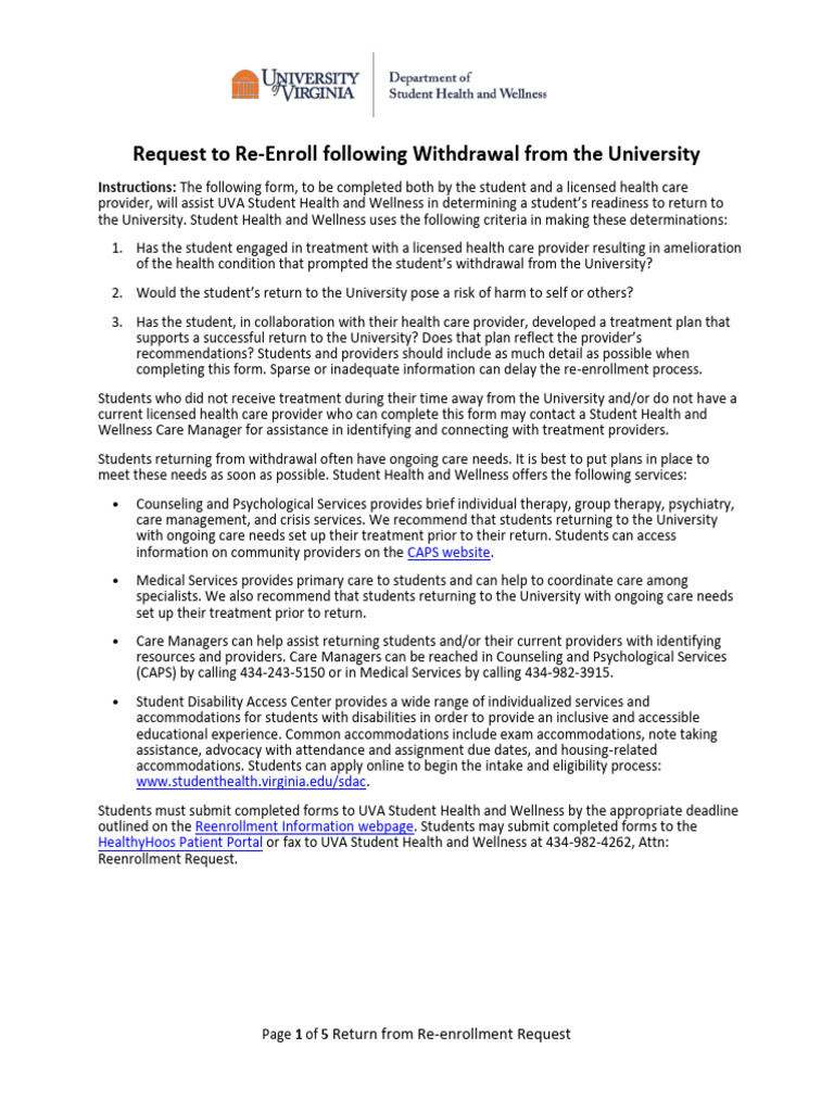 Re-Enroll After University Withdrawal Form | PDF | Patient | Health Care
