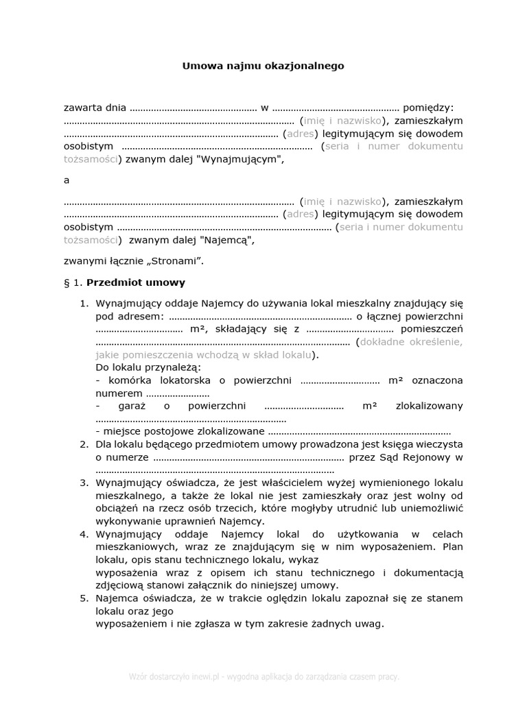 Umowa Najmu Okazjonalnego PDF