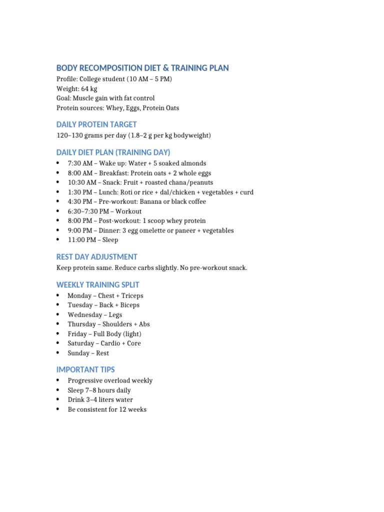 Gym Recomp Diet Training Plan | PDF