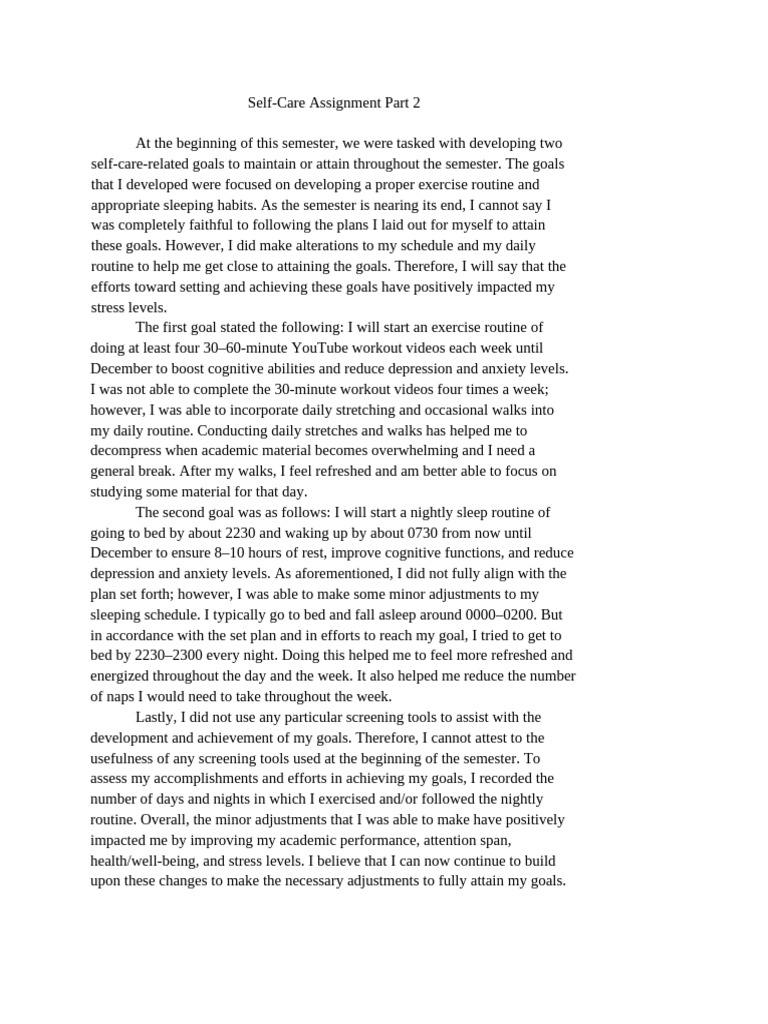 Self Care Assignment Part 2 | PDF | Sleep | Goal