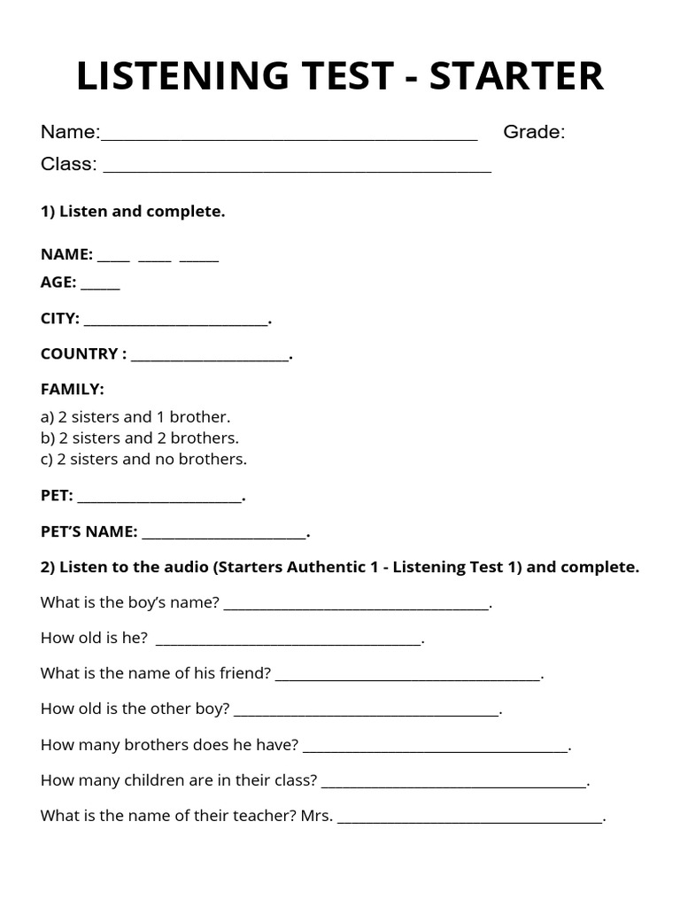 Starter Listening Test Worksheet | PDF