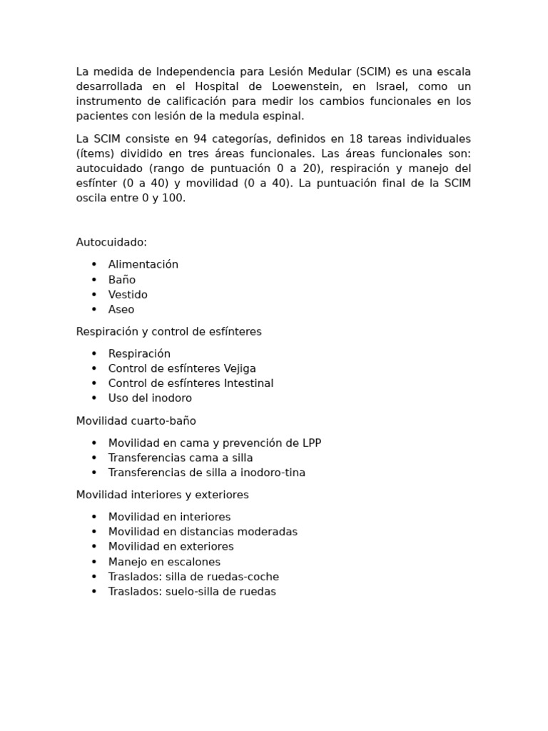Escala SCIM para Lesión Medular: Evaluación Funcional | PDF