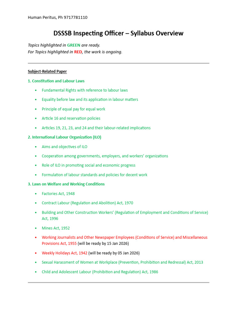 DSSSB Inspecting Officer Syllabus Guide | PDF | Labour Law | Employment
