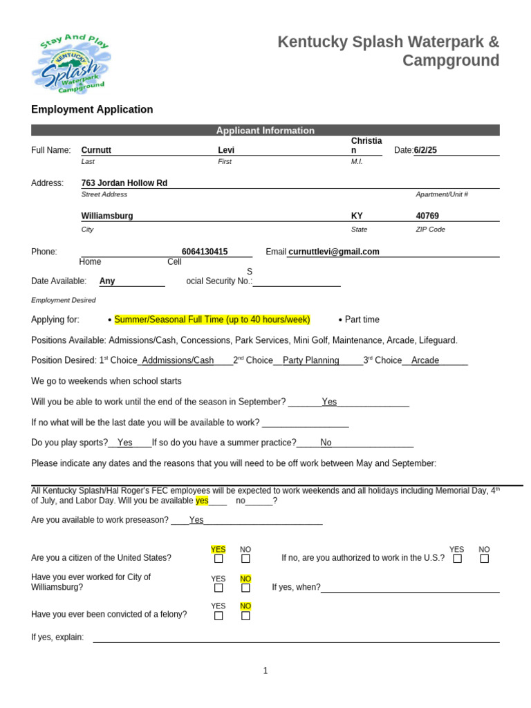 Kentucky Splash Employment Application | PDF | Background Check | Justice
