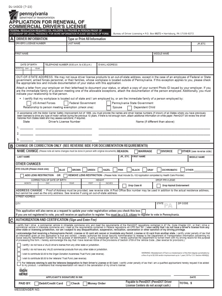 Pennsylvania CDL Renewal Application Form | PDF | Identity Document ...