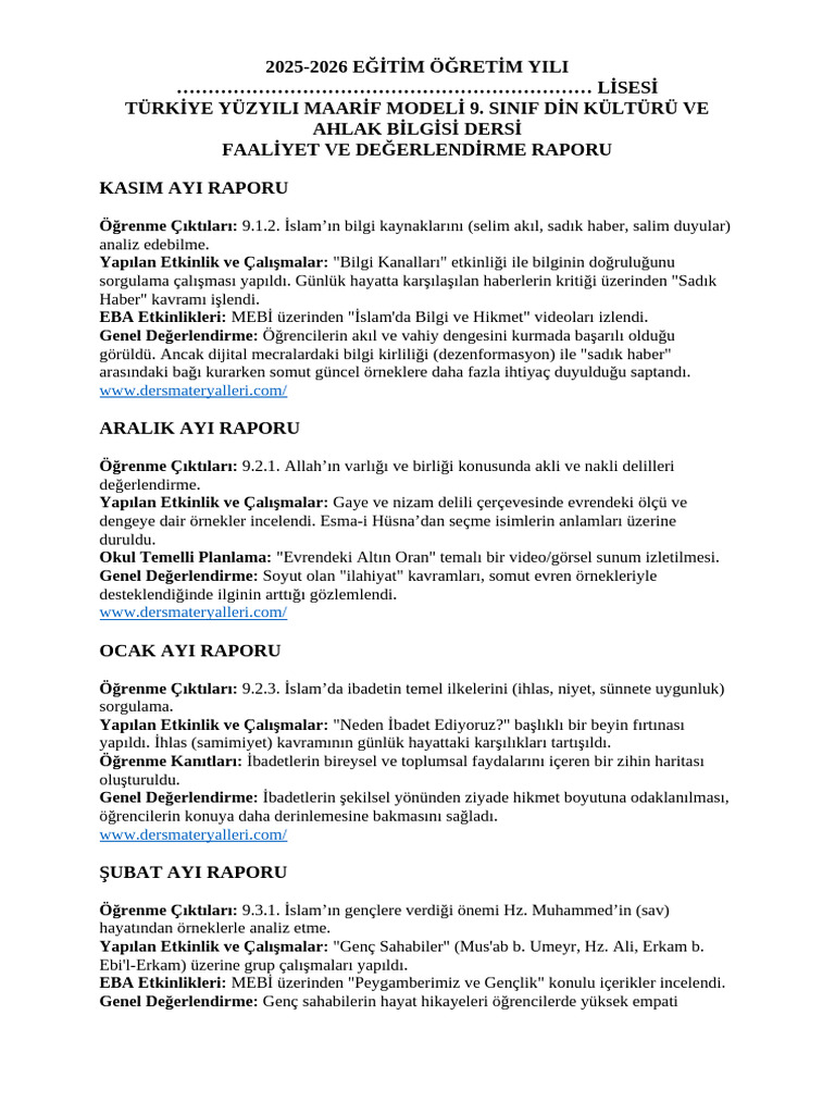 9 Sinif Din Kulturu Maarif Modeli Aylik Raporlari | PDF