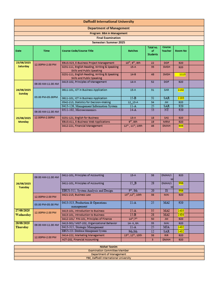 BBA Management Exam Schedule Summer 2025 | PDF | Business Economics ...