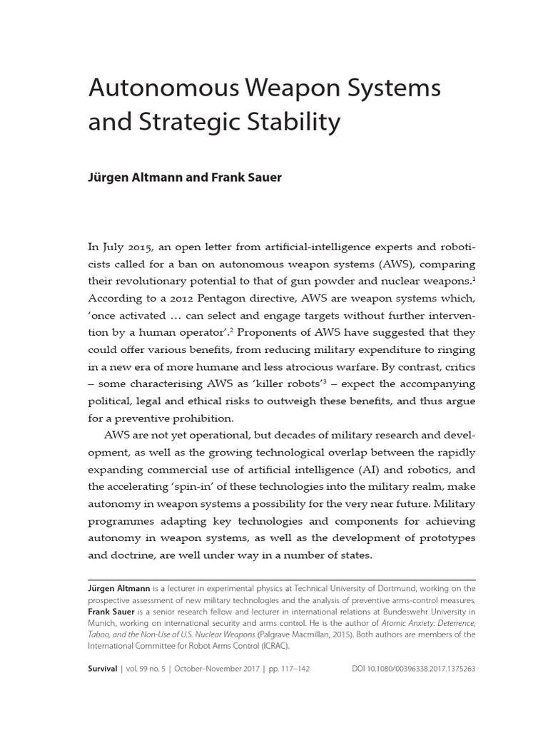 Jürgen Altmann and Frank Sauer. (2017). Autonomous Weapon Systems and ...