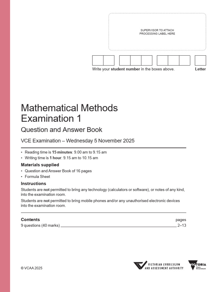VCE Mathematical Methods Exam 2025 | PDF | Function (Mathematics ...