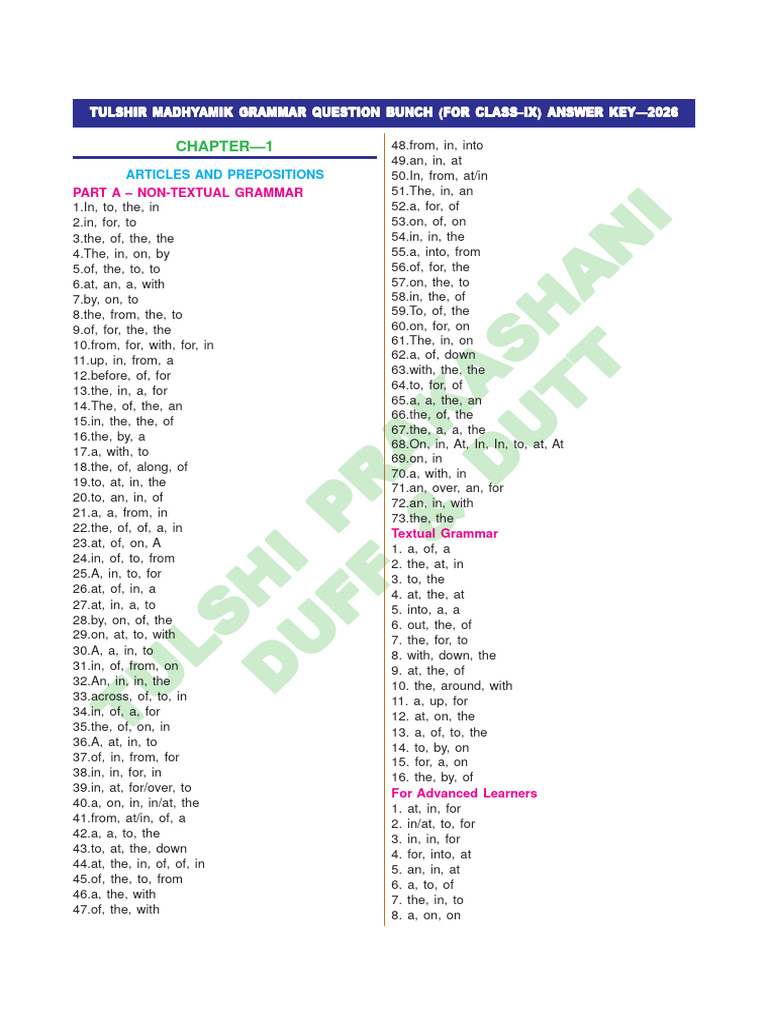 Class IX Grammar Answer Key 2026 | PDF