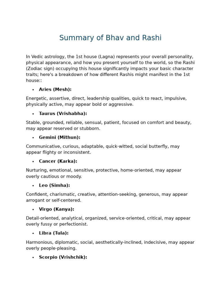 Houses and Rashi in Vedic Astrology | PDF | Hindu Astrology | Love