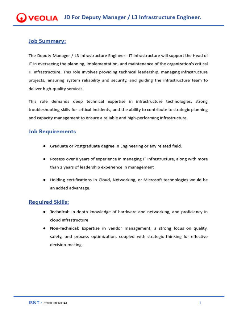 Deputy Manager L3 Infrastructure Engineer JD | PDF | Computer Network ...