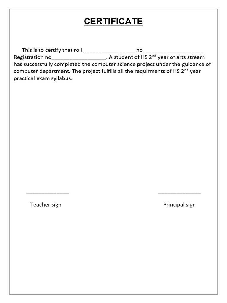 HS 2nd Year Computer Science Project Certificate | PDF