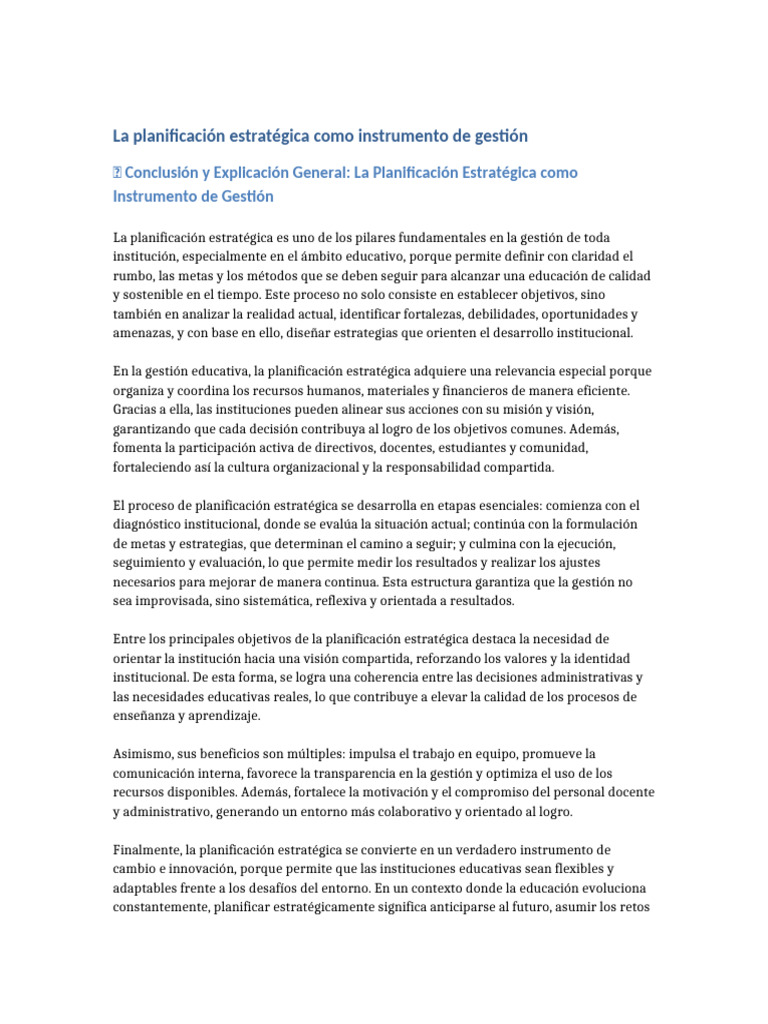 Planificación Estratégica en Gestión Educativa | PDF | Planificación ...