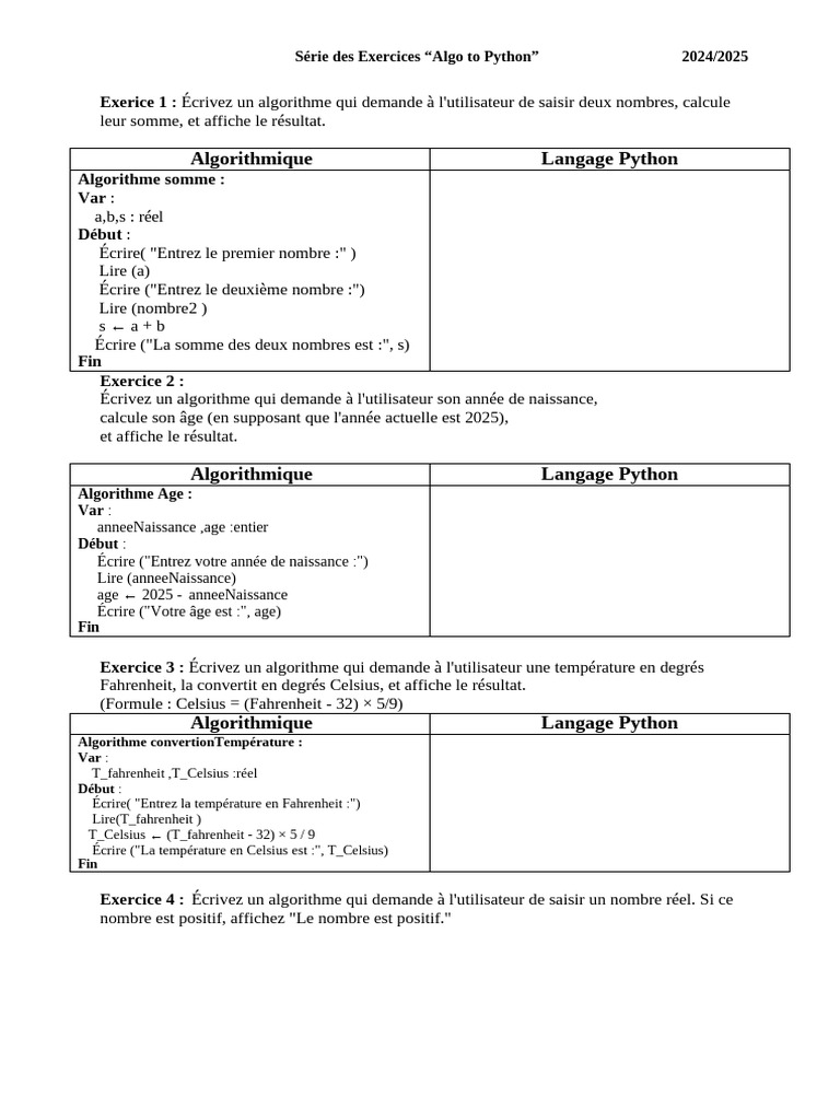 Exercices Python : Algorithmes de base | PDF | Équation du second degré ...