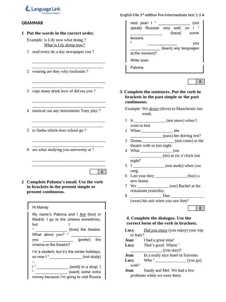 English File Pre-Intermediate Test 1-3 | PDF | Linguistics