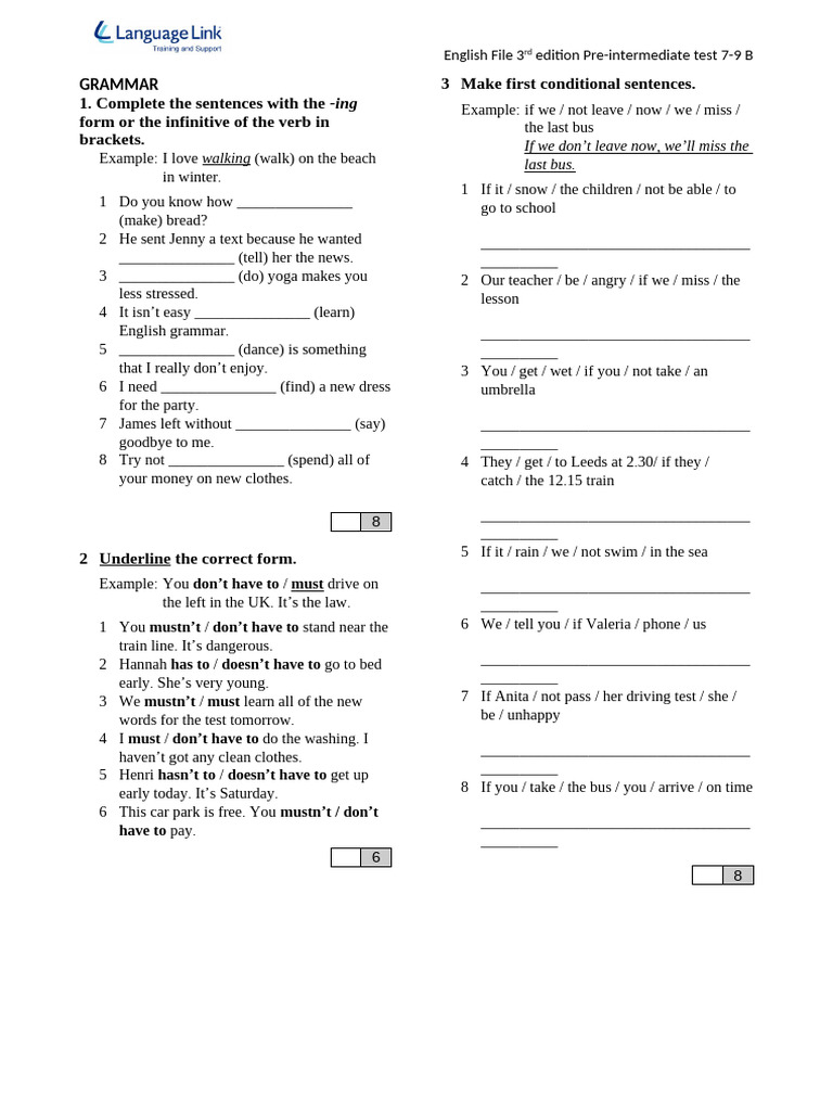 English File Pre-Intermediate Test 7-9 B | PDF