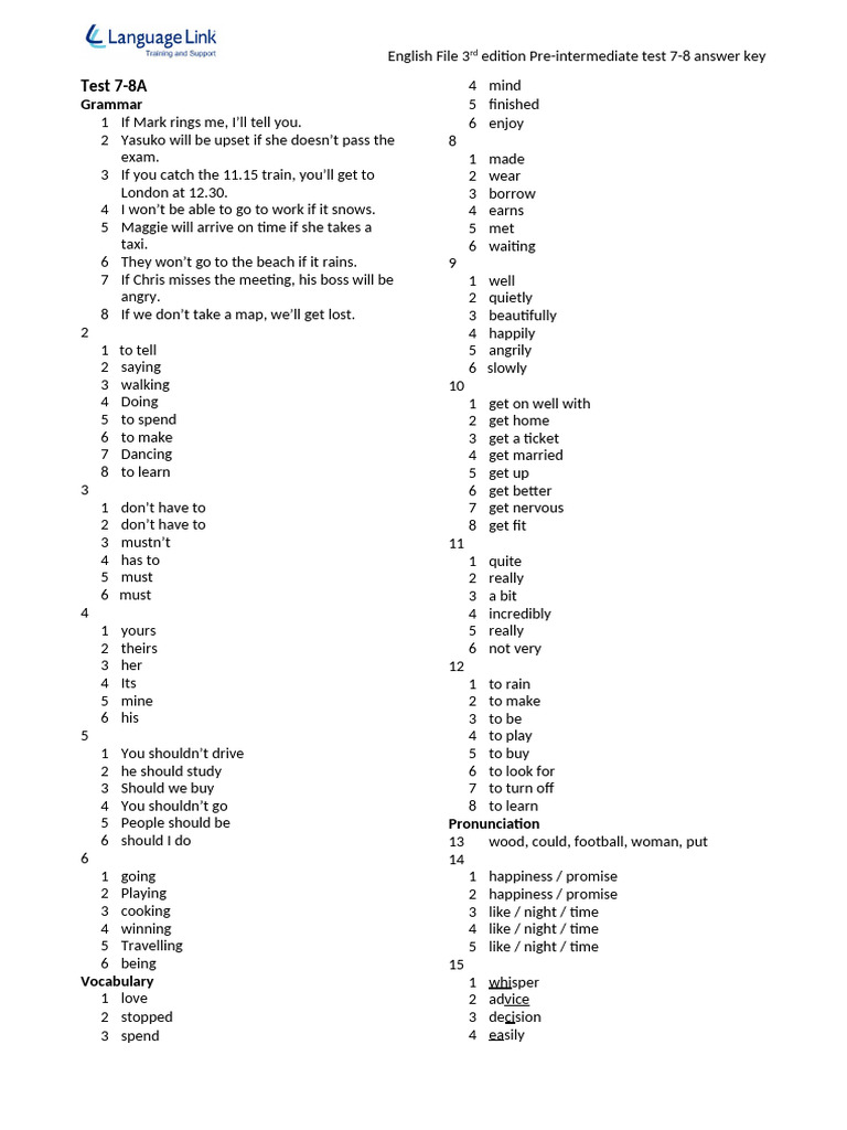 English File Pre-Intermediate Test 7-8 Answers | PDF