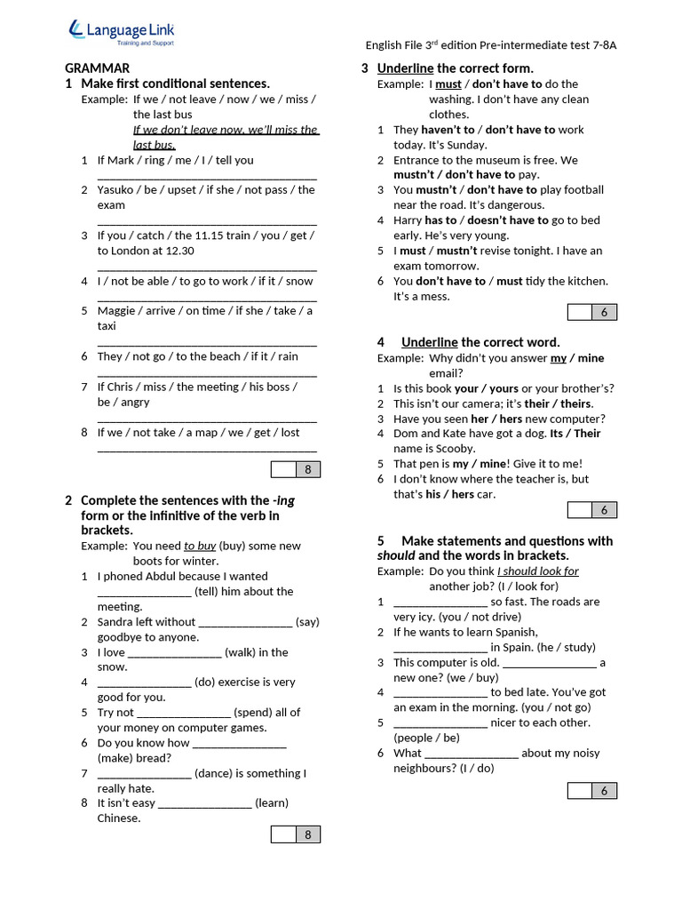 English File Pre-Intermediate Test 7-8A | PDF | Linguistics