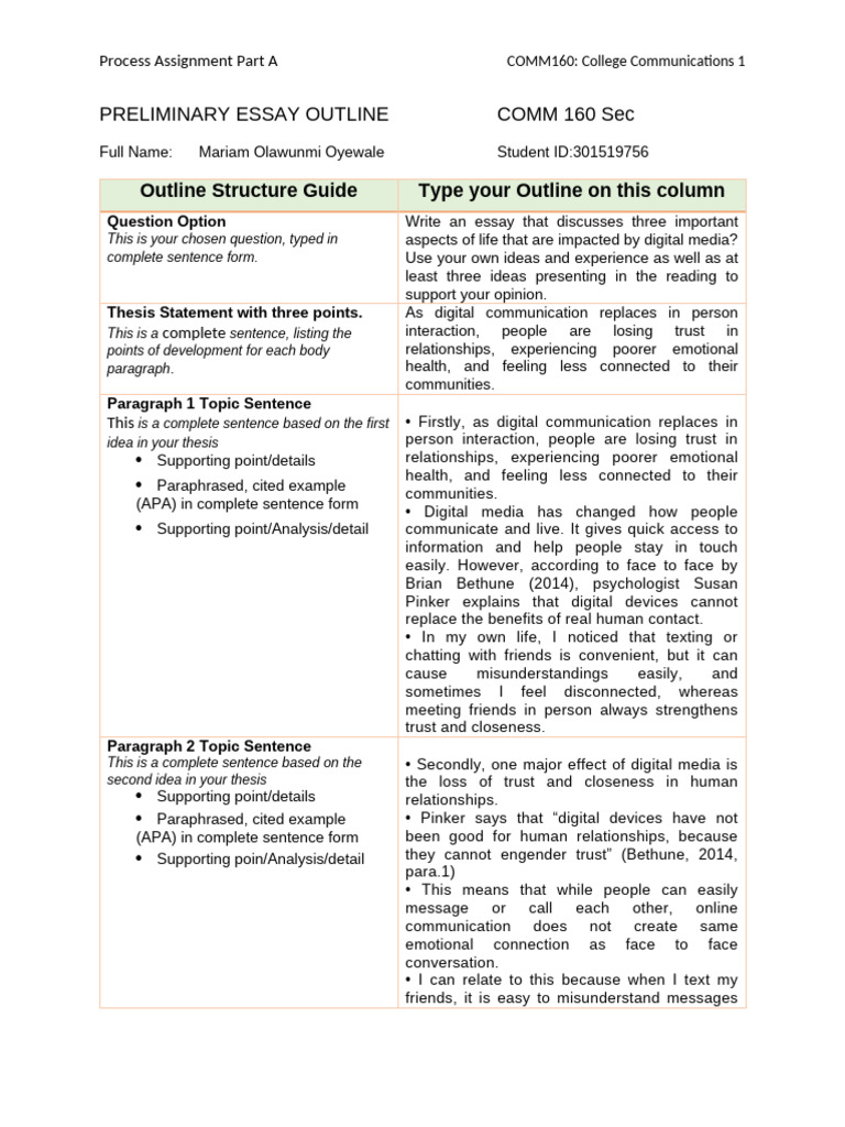 COMM 160 Preliminary Essay Outline Template Part a(1) | PDF