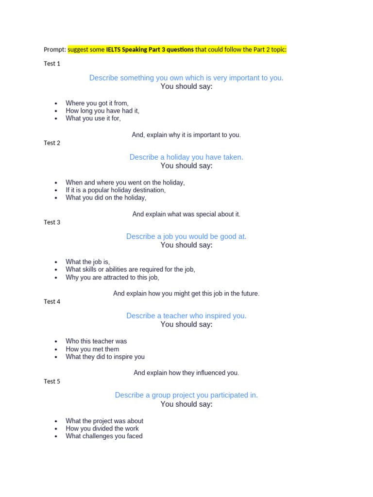 IELTS Speaking Part 2 Topics - From Elsa Speech Analyser | PDF