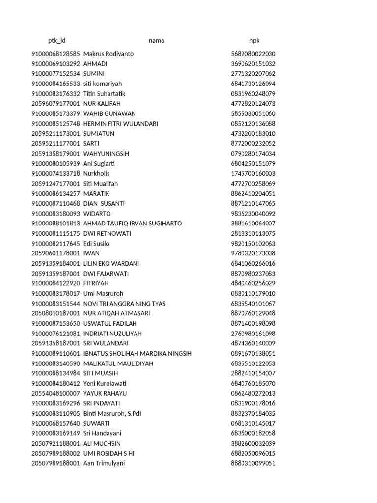 Employee Data List with NPK Codes | PDF