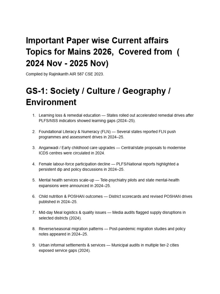 Current Affairs Topics for Mains 2026 | PDF