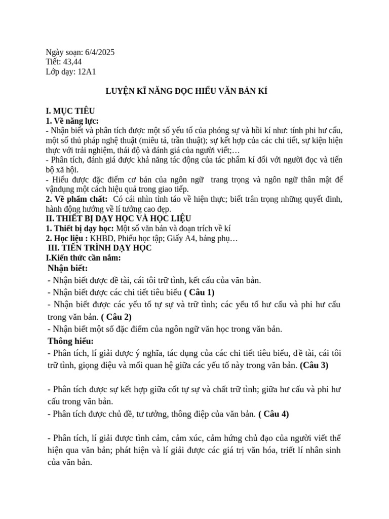 12a1.Luyện Kĩ Năng Đọc Hiểu Văn Bản Kí | PDF